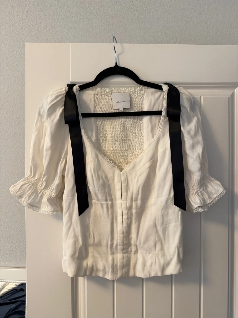 Reformation Cream Lace-Trim Puff Sleeve Top with Black Ribbon Detail